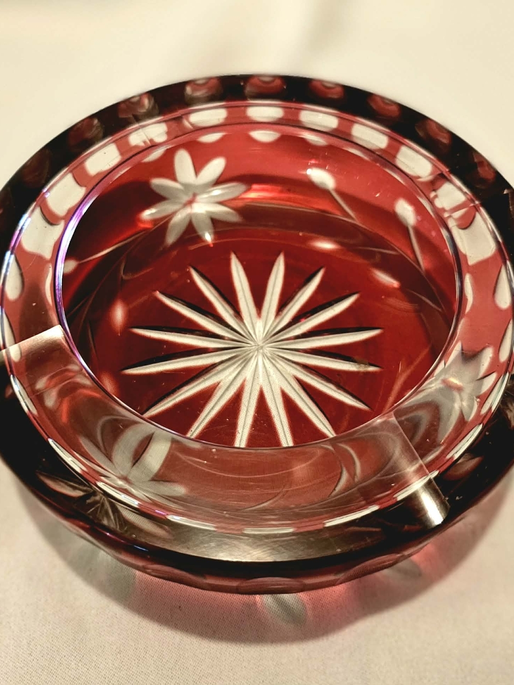 MCM Vintage Bohemian Cranberry Red Star Cut Glass Ashtray
